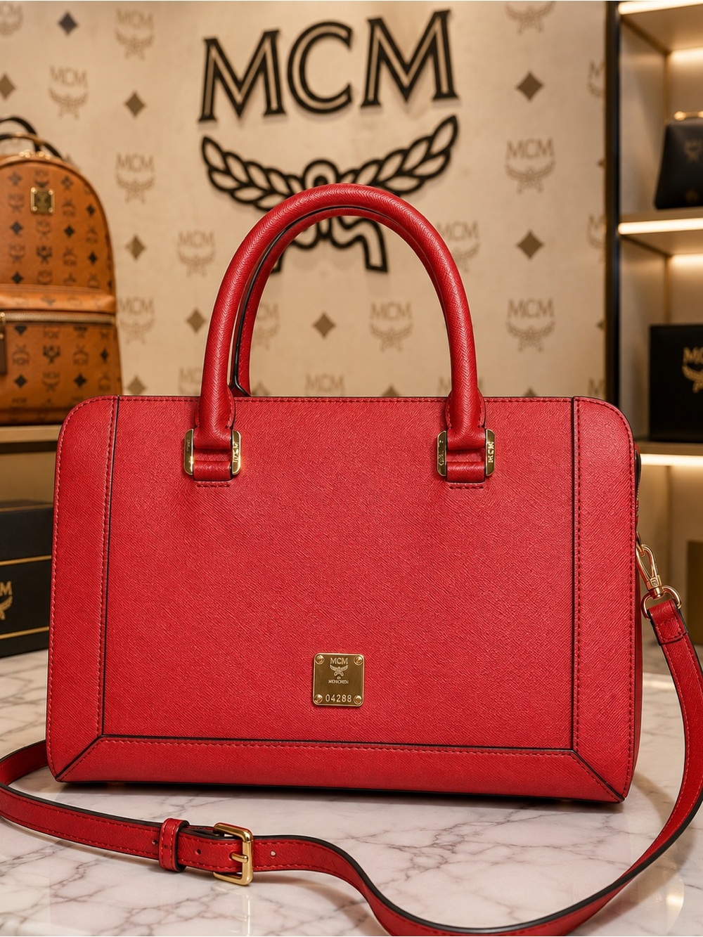 MCM Red Structured Top-Handle Women’s Satchel